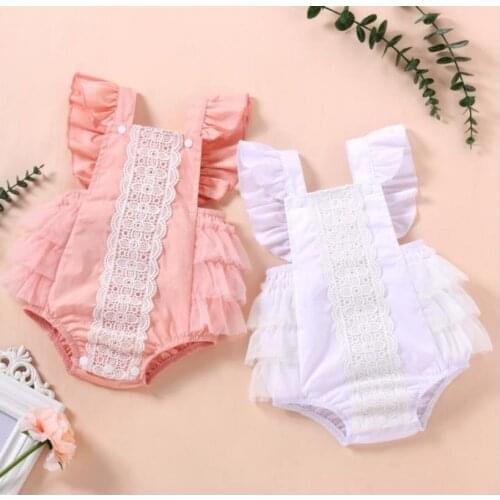 Toddler Newborn Baby Girls Clothes Casual Romper Square Collar Sleeveless With Lace Hem Coral Jumpsuit Childrens Clothing Sets