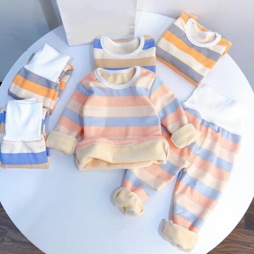 2020 Autumn Kids Striped High Waist Navel Protection High Elasticity Thick Plush Long Sleeves Top Pants Suit