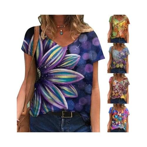 Womens Sexy V-neck Digital Print Pullover Short Sleeve Ladies Casual Loose Cotton Blend Floral Top Crop Plus Size Streetwear