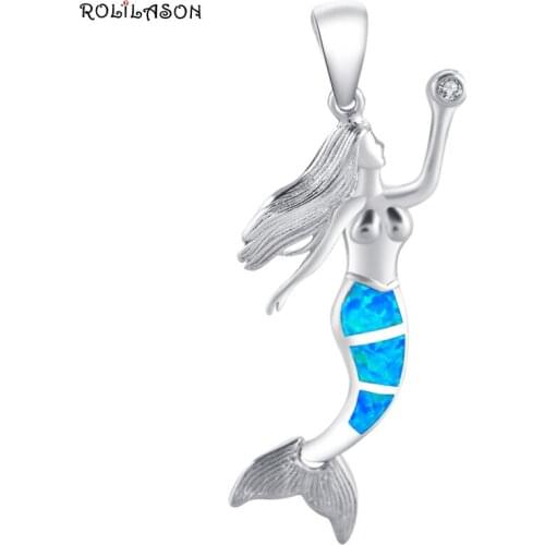 ROLILASON Amazing Hot Sell Blue Fire Opal Pendant Silver Fashion Jewelry Blue Zircon Pendant OPS706 for Lover