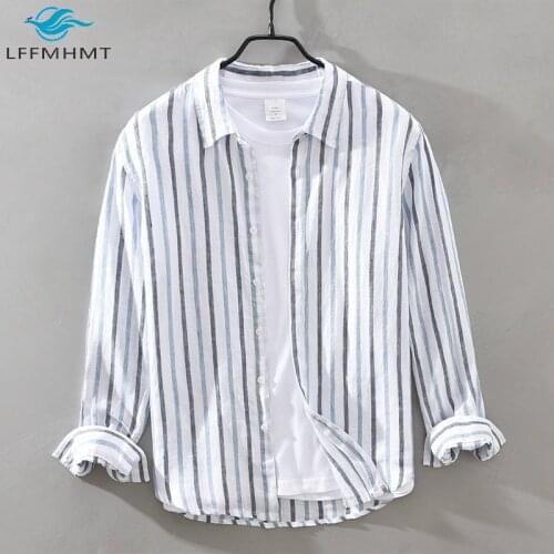 Male Spring Fall Japan Style Classic Colorful Stripe High Quality Linen Shirt Men Comfortable Healthy Casual Slim Fit Lapel Tops