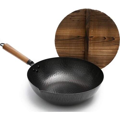12inch Traditional Hand Hammered Iron Wok Cooking Pots Pans, Uncoated Round-Bottom Iron Wok Pan with Log lid Frying Pan