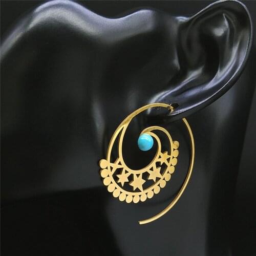 2021 Star Stone Stainless Steel Big Bohemia Round Earings for Women Gold Color Hoop Earrings Jewelry pendiente aro E9201S04