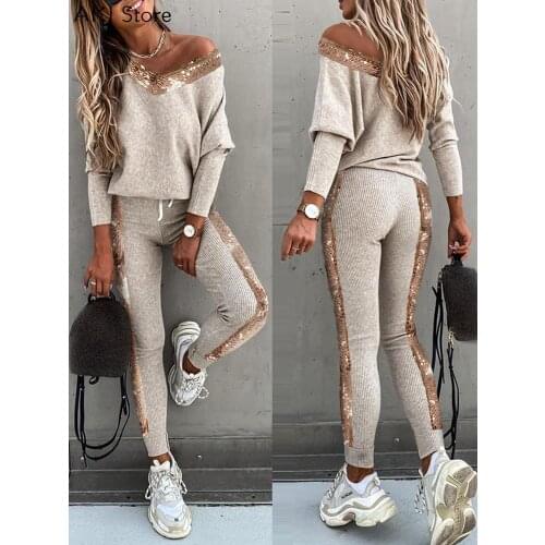 Women Fashion Sequins Patchwork Long Sleeve Top & High Waist Pants Sets