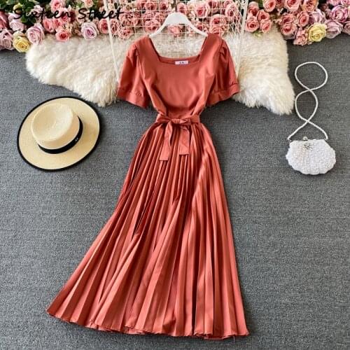 Women Clothing Maxi Dresses for Women Sexy Dress Y2k Retro Square Neck Pleated Puff Sleeve Solid Short Sleeve High Quality 2021