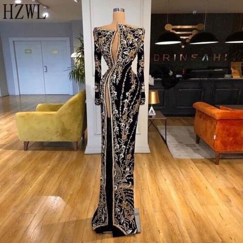 Long Sleeve High Split Black Gold Lace Prom Dresses vestidos Irregular Neck Floor Length Evening Dress коктейльные платья