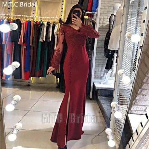 Elegant Mermaid Long Sleeves Burgundy Evening Dress With Slit V Neck Lace Chiffon Formal Dresses Plus Size Graduation Prom Gowns