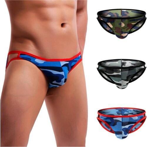 2021 Hot Sexy Underwear Mens Thin Bikini Briefs Camouflage Low Waist Breathable Cut Out Mesh Briefs Casual Large Size Briefs