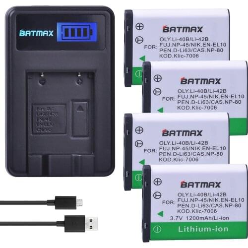 4Pcs LI-40B LI40B LI 40B LI-42B EN-EL10 Camera Battery + LCD USB Charger for Olympus Li-42B Pentax D-Li63 Fuji NP-45 Nik EN-EL10