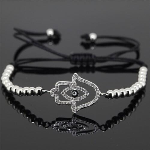 Anil Arjandas Bracelet,Mosaic CZ Crystal Pava Hamsa Evil Eye & 4mm Round Ball Brass Beads Braiding Macrame Bracelet for Women