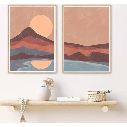Boho Terracotta Minimalist Sun Poster Abstract Sunset Mountain Landscape Canvas Painting and Prints Wall Art Pictures Home Decor