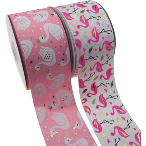 BOCA new arrival 100 yards 3"75mm pink flamingo swan printed hologram grosgrain ribbon for bows decoration accessories