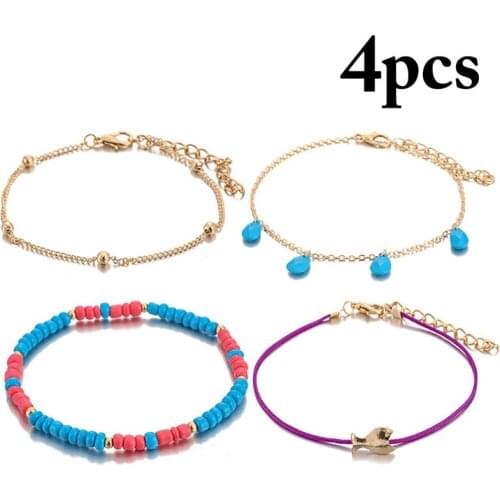 4Pcs/Set Women Beach Foot Chain Adjustable String Anklet Fish Bead Decor Anklet Bracelet Jewelry Accessories For Beach Travel