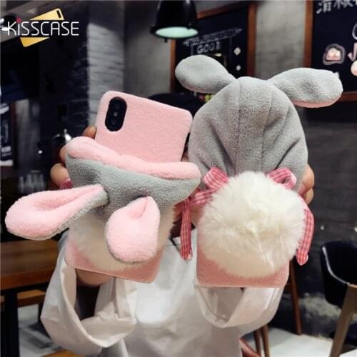 KISSCASE Fluffy Rabbit Hat Phone Case For Iphone XS Max XR X 10 Cute Girl Fur Warm Christmas Cover Case For Iphone 7 8 Plus Capa