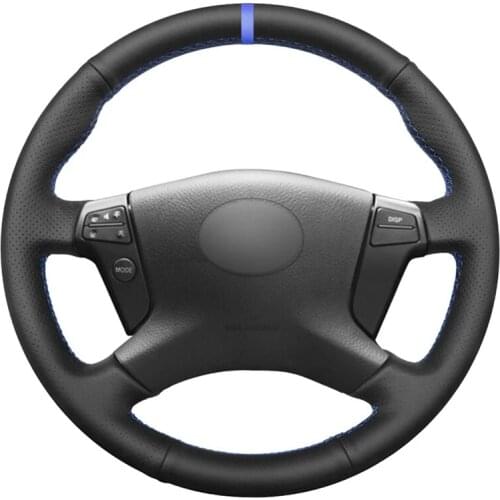 Black PU Faux Leather Blue Marker Hand-stitched Car Steering Wheel Cover for Toyota Avensis 2003-2007