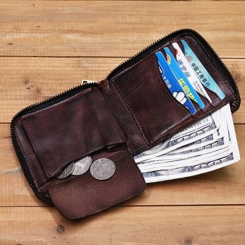 2021 Genuine Leather Wallet For Men Male Vintage Retro Wrinkled Zipper Short Bifold Purse With Card Holder Coin Pocket Money Bag