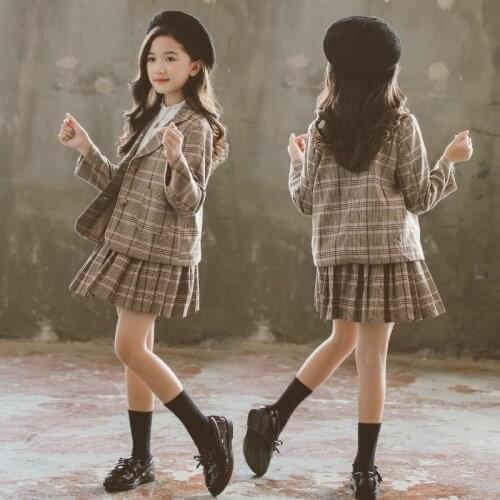 Girls Plaid Suits 10 to 12 years Students Uniform Sets Coat + Plaid Skirts 2 pieces Fashion Girl Outfit