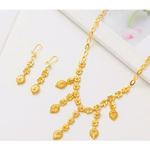 Leaves Fashion Dubai Gold African Jewelry Sets Luxury Bridal Wedding Charm Necklace Bracelet Ring Earrings Women Jewelry Gift