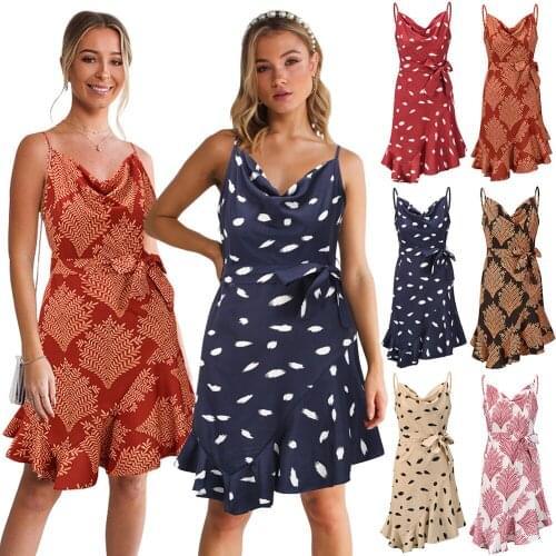 Fashion Bohemian Floral Print Mini Dress Women V Neck Summer Beach Tunic tDress Sleeveless A-line self-belt Casual Dresses