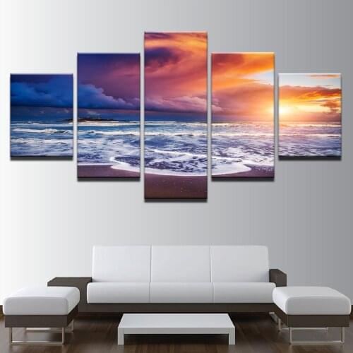 Printed Picture Living Room Decor 5 Pieces Blue Sea Waters Beach Sunshine Seascape Poster Modular Wall Art Canvas Painting Frame