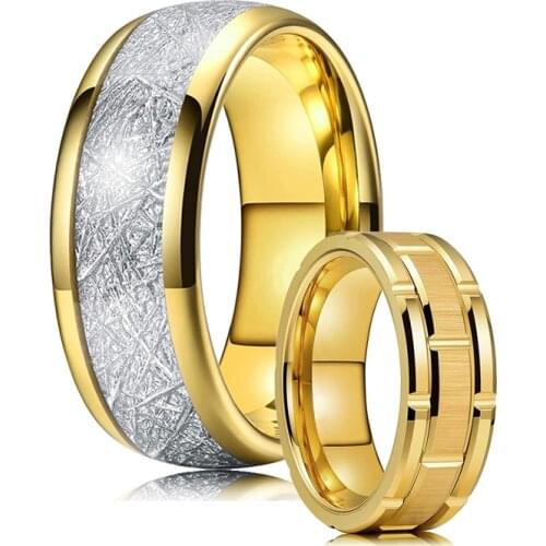 Luxury Mens Golden Stainless Steel Ring Silver Color Meteorites Inlay Brushed Double Groove Ring Mens Wedding Party Jewelry