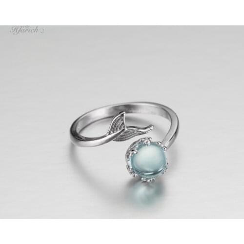 Blue Crystal Gems Stone Tear Whale Fish Tail Mermaid Bubble Open Finger Rings for Women Party Gift Adjustable Jewelry Bijoux