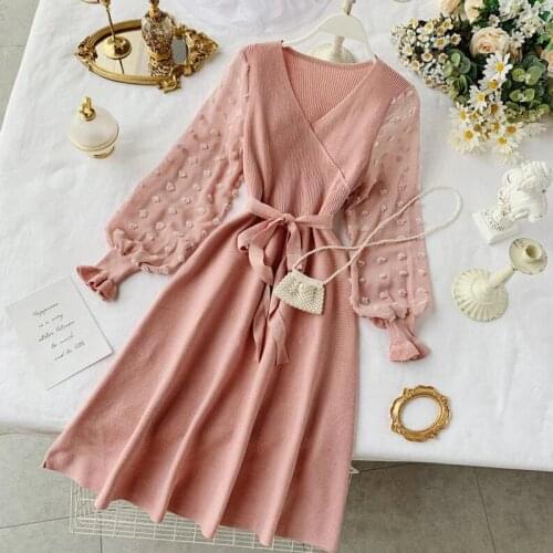 Chiffon Patchwork Long-sleeved Knitted Dress 2019 V-neck Sashes Elastic High Waist Dresses Spring Autumn Elegant Women Dress