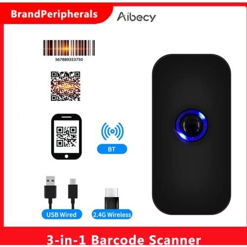 Aibecy Handheld 3-in-1 Barcode Scanner 1D/2D/QR Bar Code Reader Support BT & 2.4G Wireless & USB Wired Connection