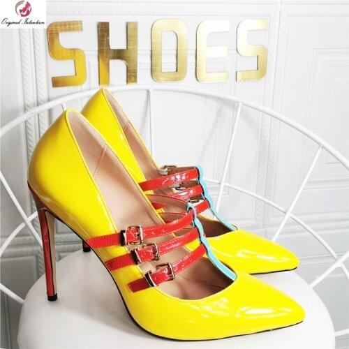 Sexy Shallow Metal Buckle Women Pumps Yellow Red Mixed Colors Patent Leather Pointed Toe Shoes Ladies High Heels Woman Sandals