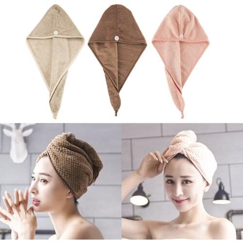 Thicken Hair Towel Wrap Turban Microfiber Drying Bath Shower Cap Dry Hair Hat Head Towel with Button