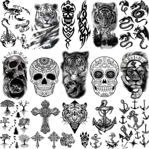 Black Tiger Lion Skull Temporary Tattoos For Women Adult Men Cross Anchor Scorpion Dragon Thorns Neck Arm Finger Hand Tatoo