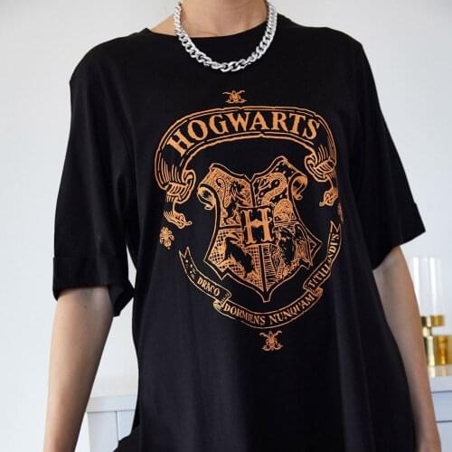 Lena Butik Black Women T-Shirts Hog warts Character Printed Tshirt Harry Short Sleeve EU Size Tshirts Summer Casual Tops