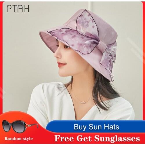 [PTAH] Fashion 100% Mulberry Silk Hats Summer Sun Protection Breathable Cap Women UPF50+ Hat Female Windproof Rope Not Polyester