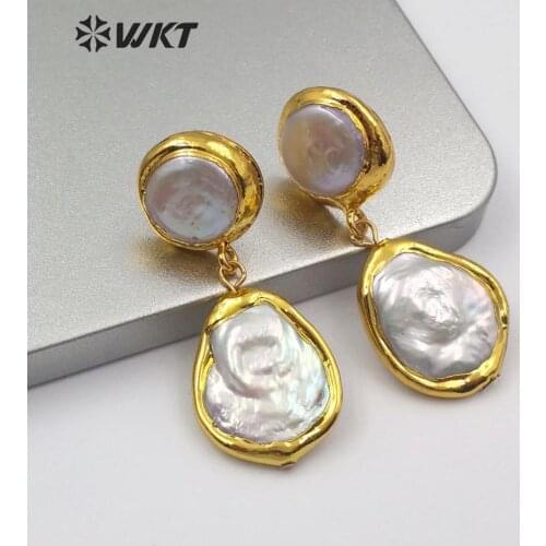 WT-E560 WKT natural freshwater pearl Earring pearl teardrop shape with gold electroplated Earring women pearl Jewelry Earrings