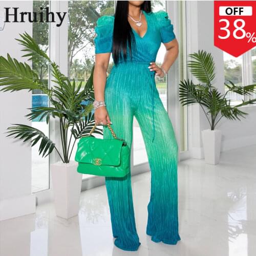 Rompers Womens Jumpsuit Gradients Puff Sleeve Plus Size Fashion Jumpsuit Women Summer V Neck Lace Up Party Overalls for Women