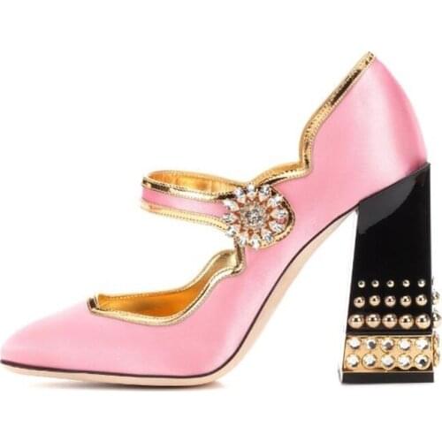 2021 Shoes Woman Heels Retro Crystal Flower High Pumps Women Thick Heel Shoes Round Toe Rivets Studded Shoes Spring Autumn