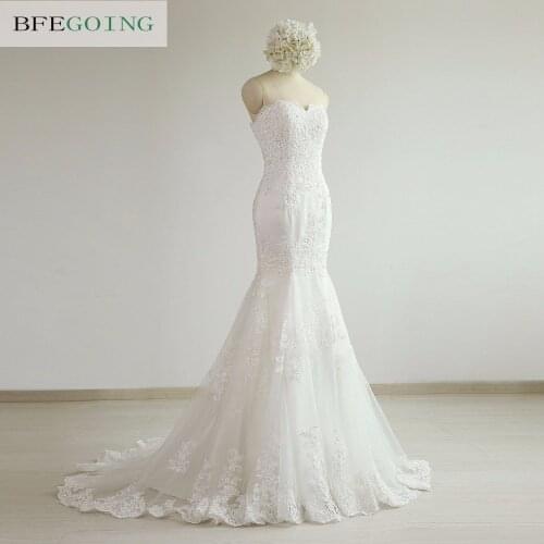 Ivory Tulle Lace Appliques Beading Sweetheart Bridal-Gown Floor-Length Mermaid/Trumpet Wedding Dress Chapel Train Custom Made