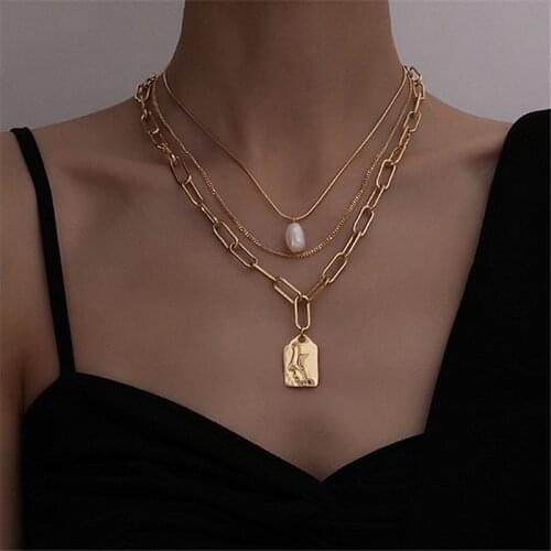 Punk Vintage Multi-layer Pendant Necklace For Women Metal Gold Portrait Pearls Pendant Chain Choker Necklace 2021 Jewelry Gift