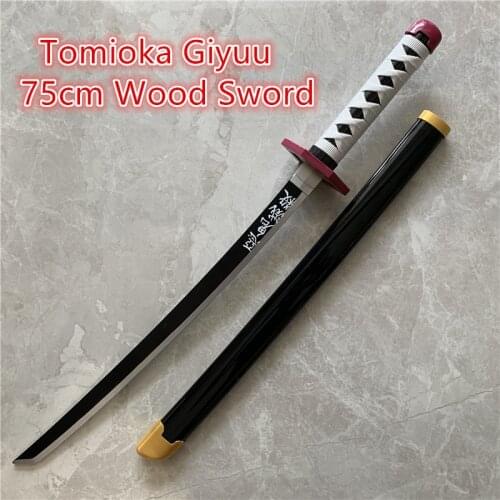 1:1 Demon Slayer Weapon Tomioka Giyuu Black Purple Sowrd Wood Sword Cosplay Ninja Knife Kimetsu no Yaiba 75cm Weapon Model