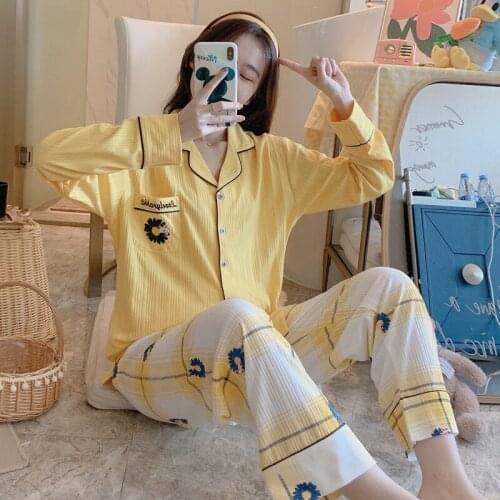 2021 Spring Autumn Long Sleeve Cotton Pajama Set for Women Floral Print Sleepwear Suit Pyjama Homewear Pijama Mujer Home Clothes