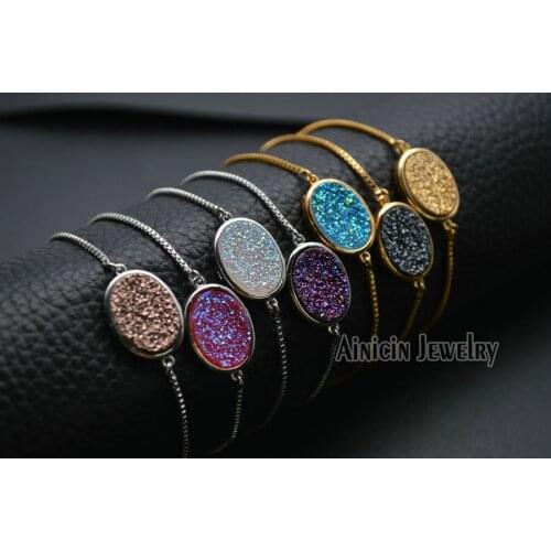 5pcs Big Druzy Crystal Flat Oval Shape Sliding Clasp Boxed Chain Bracelets Fashion Women Party Gift Jewelry