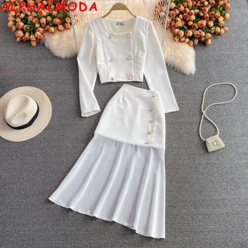 APHALMODA 2021 Autumn Double Breasted Long-sleeved Jacket Outfit + A-Line Button Details Skirt Women Fashion 2pcs Suit