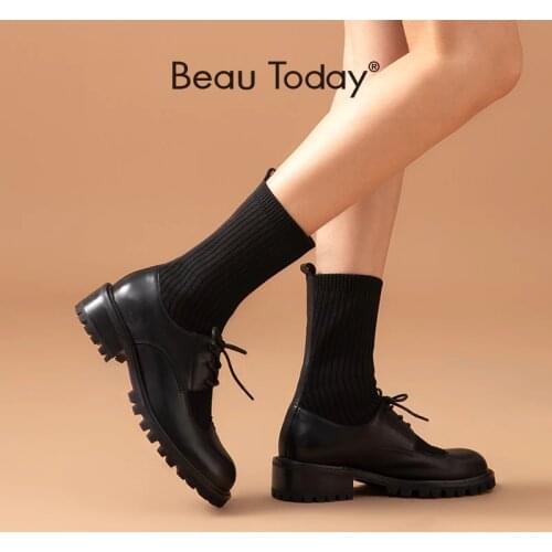 BeauToday Sock Boots Women Genuine Cow Leather Woollen Yarn Patchwork Lace Free Lady Shoes Round Toe Square Heel Handmade 02344