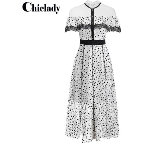 CHICLADY Elegant OL Femma Women Summer Vintage Striped Lace Patchwork Pleated Long Dress Short Sleeve Polka Dot Slim Maxi Dress