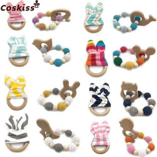 Wooden Animal Baby Teether Bangle Toy Teething Ring Bunny Ear Can Chew Teething Jewelry Wood Crochet Bead Teething Ring Bracelet