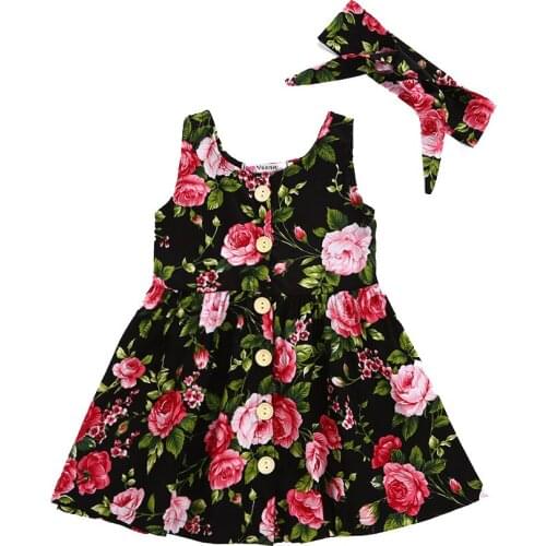 VTOM Summer Baby Kids Girls Dresses Kids Sleeveless Dresses Costumes With Button Princess Dress Matched Headband WX8-2