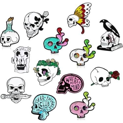 Skulls Enamel Brooch black white skeleton Color Explosion Skull Butterfly wings candle Flower bird cat skeleton Lapel pin badge