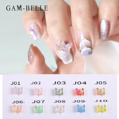 GAM-BELLE 10/50Pcs 3D Resin Butterfly Glitter AB Nail Art Decorations Summer Nail Polish Ornament Manicure Decals Accessories