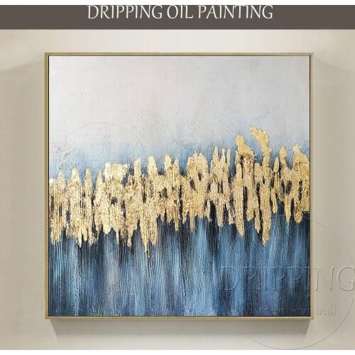Adept Artist Hand-painted High Quality Abstract Blue with Gold Foil Painting Abstract Golden Foil Oil Painting for Living Room