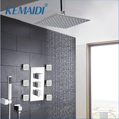 KEMAIDI Ceiling Mounted Rainfall Bathroom Chrome Shower Faucet Thermostatic Valve Mixer Tap W/ 6 Message Jets Shower Mixer Set
